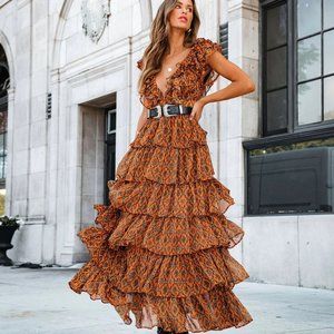 Vici Orange Tiered Ruffle Maxi Dress